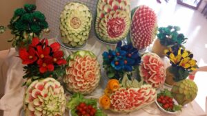 Carved watermelon and other vegetables