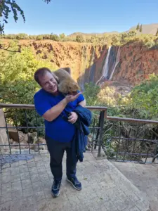 Ouzoud waterfalls view with monkey
